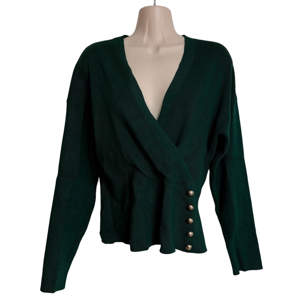 Calligraphie Sweater Size Large Hunter Green Gold Buttons Deep V Anthropologie